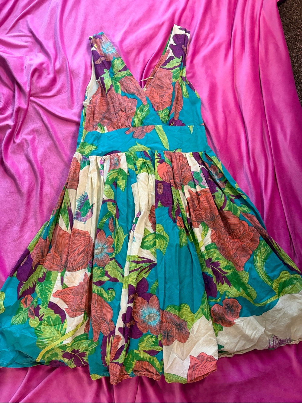 Aryeh Teal Floral Fit-and-Flare Dress with Pink and Purple Flowers and Birds